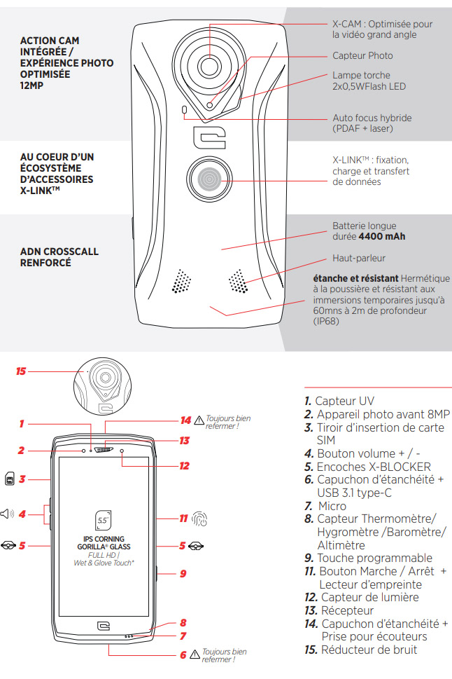 Mini Perche Selfie pour CROSSCALL TREKKER-X4 Smartphone avec Cable